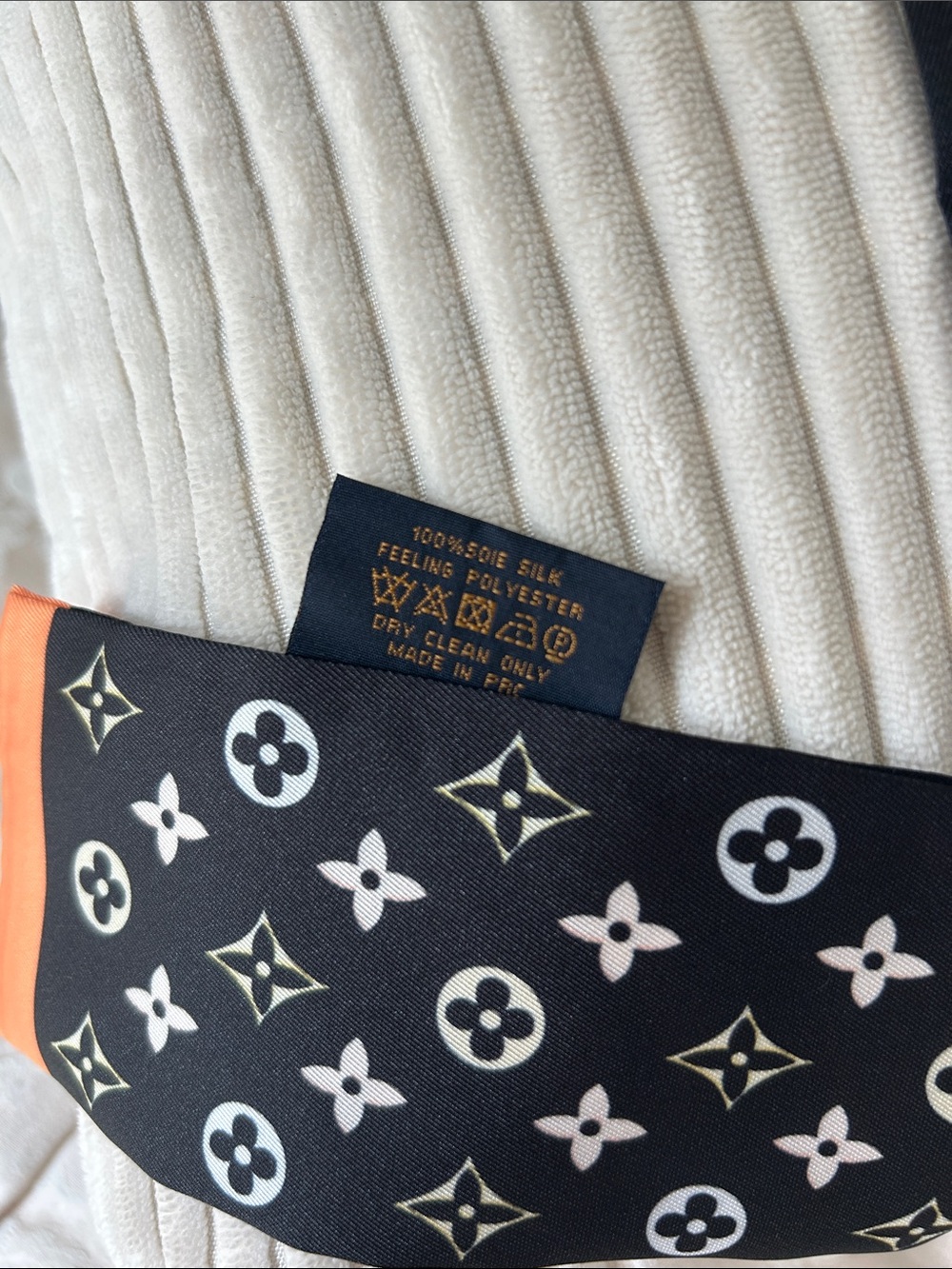 Black Silk Feeling Polyester Double Sided Scarf or Twilly with Monogram Motif. - Picture 2 of 3